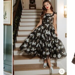 Ivy City Co Dress I Feel Pretty Magnolia Black Floral Print Midi Cap Sleeve 6